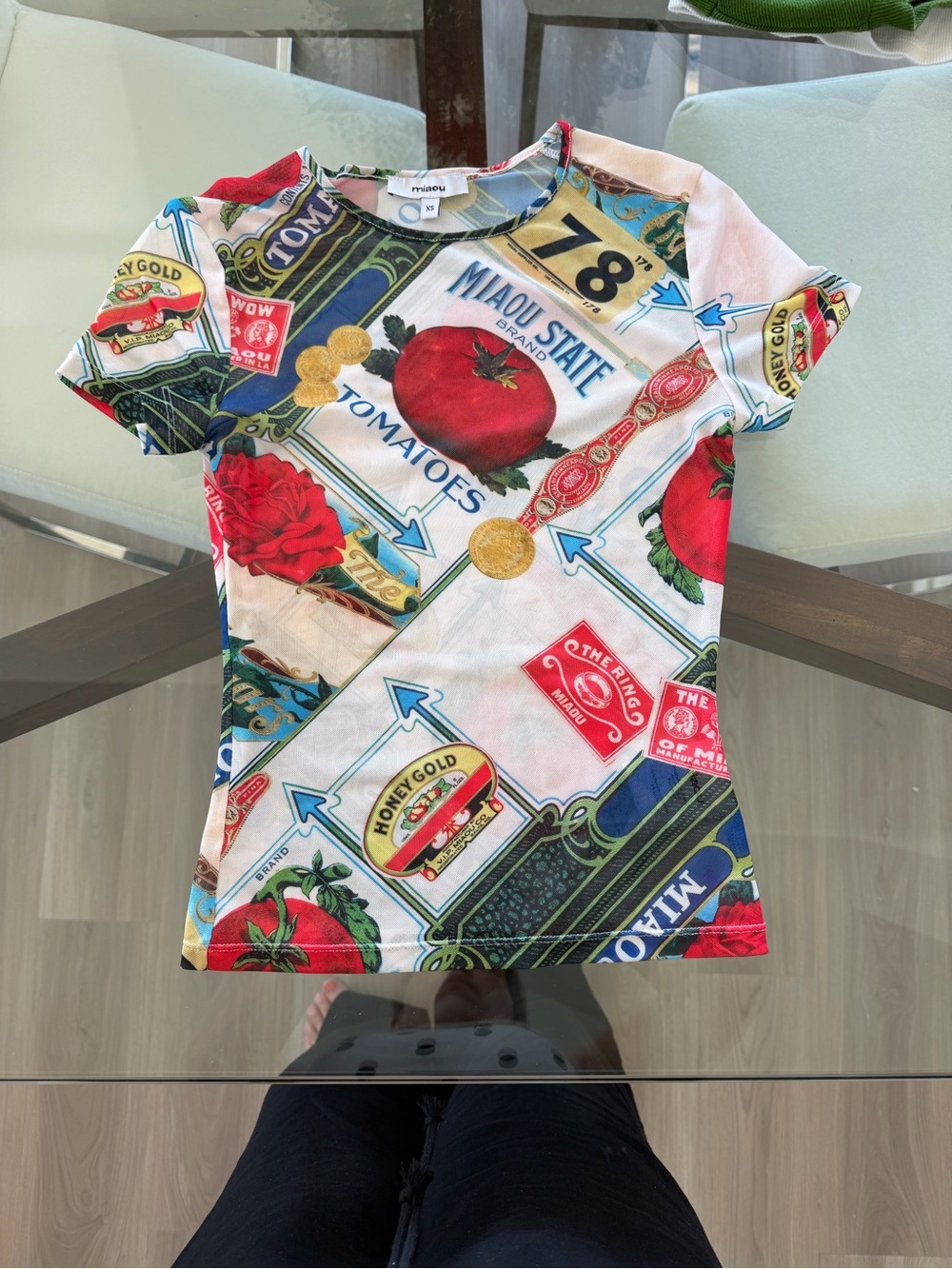 MIAOU Tomato-Print Mesh Short Sleeve Tee - Multicolor